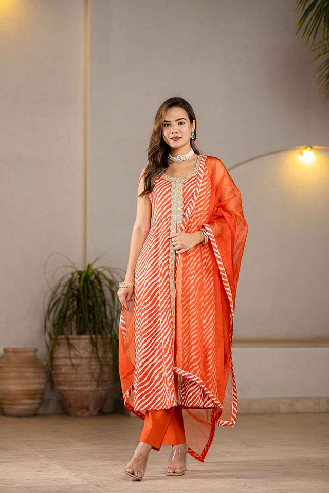 Orange Leheriya Lace Work Pure Cotton Kurti Pant Set