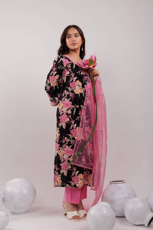 Black Floral Printed Cotton Straight Cut Suit Set