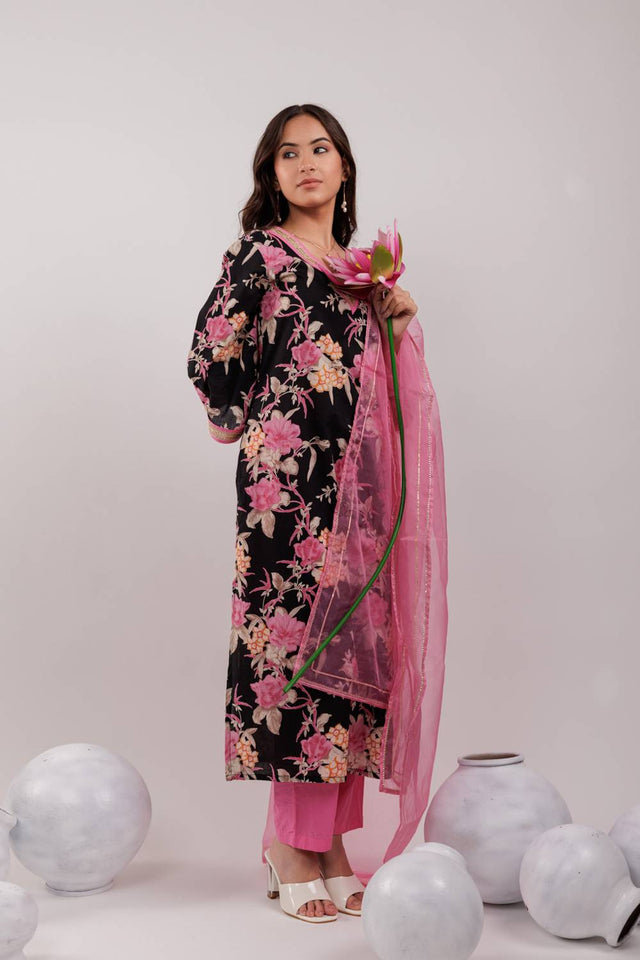 Black Floral Printed Cotton Straight Cut Suit Set