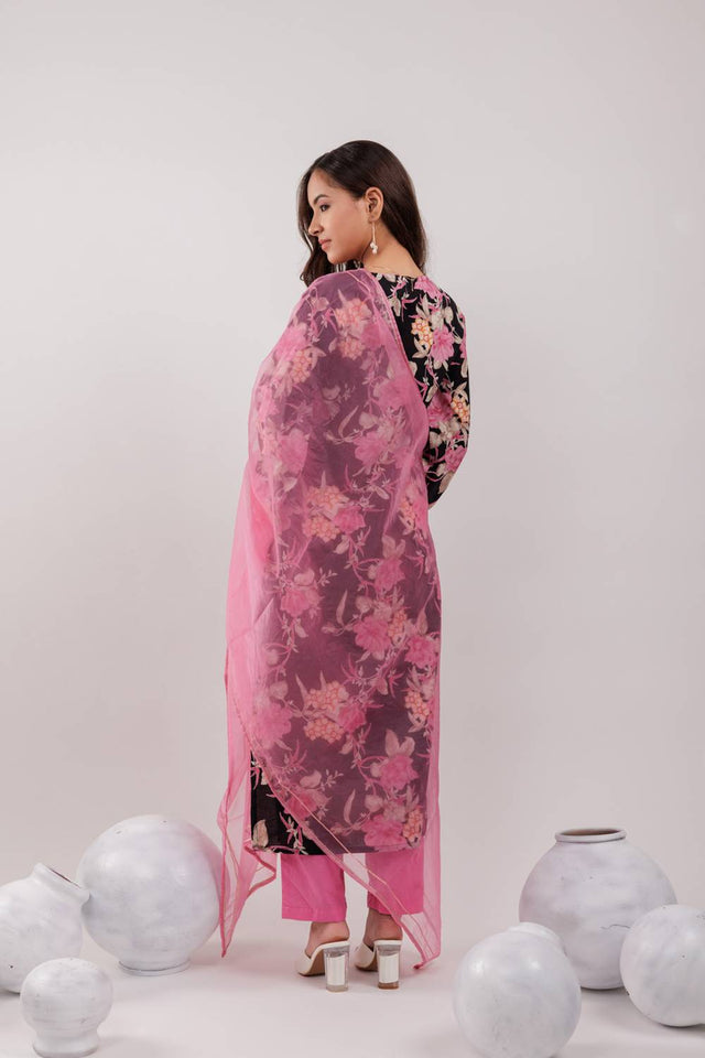 Black Floral Printed Cotton Straight Cut Suit Set