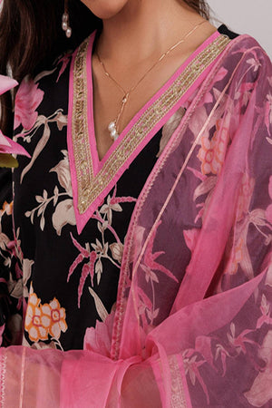 Black Floral Printed Cotton Straight Cut Suit Set