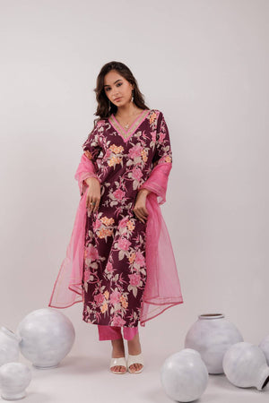 Maroon Floral Printed Cotton Straight Cut Suit Set