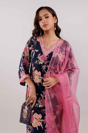 Blue Floral Print Lace Work Pure Cotton Kurti Pant Set