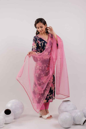 Blue Floral Print Lace Work Pure Cotton Kurti Pant Set