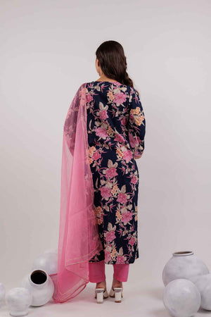 Blue Floral Print Lace Work Pure Cotton Kurti Pant Set