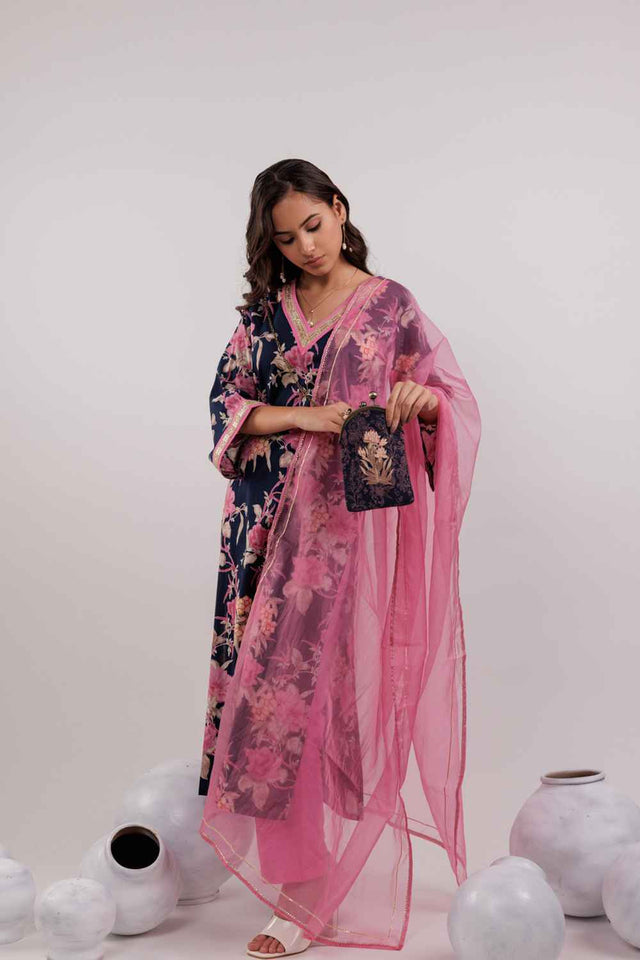 Blue Floral Print Lace Work Pure Cotton Kurti Pant Set