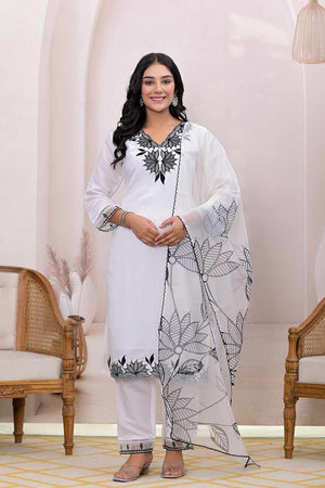 White Embroidered Silk Blend Kurti Pant Set (6990SKDWH)