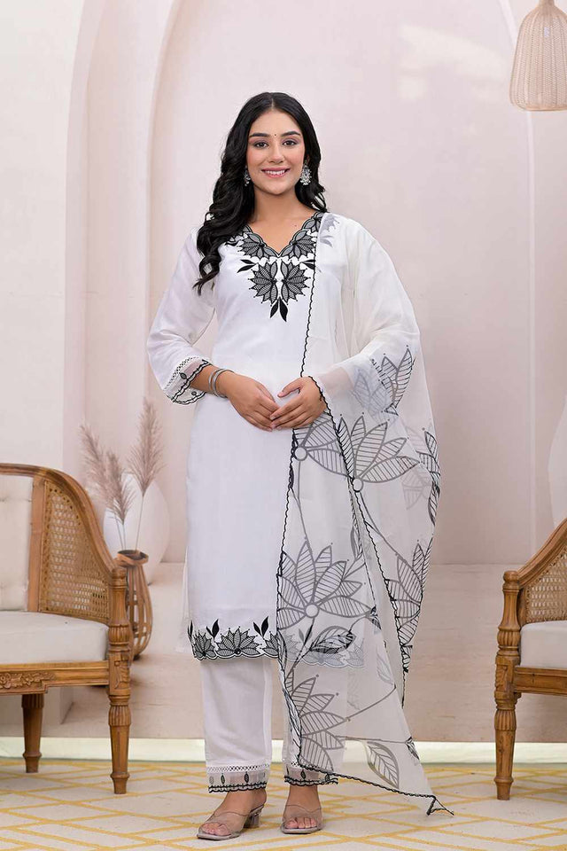 White Embroidered Silk Blend Kurti Pant Set (6990SKDWH)