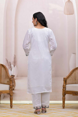 White Embroidered Silk Blend Kurti Pant Set (6990SKDWH)