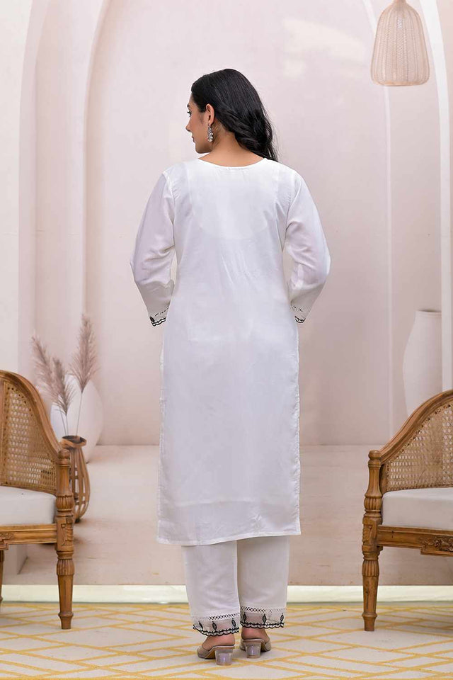White Embroidered Silk Blend Kurti Pant Set (6990SKDWH)