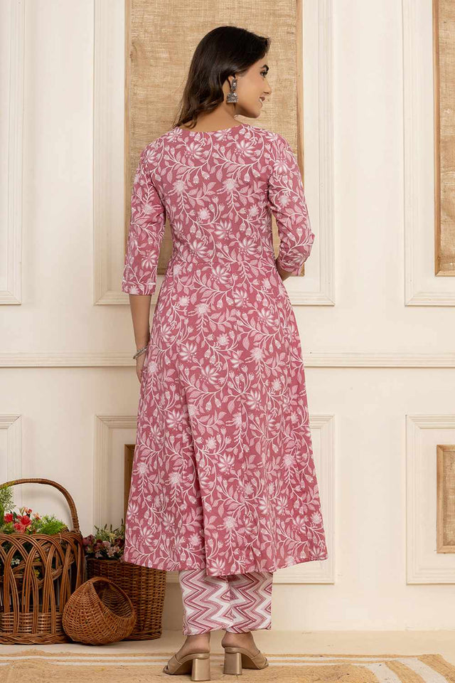 Mauve Floral Print Cotton Kurti Pant Set