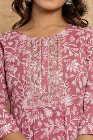 Mauve Floral Print Cotton Kurti Pant Set