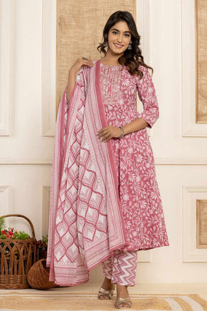 Mauve Floral Print Cotton Kurti Pant Set
