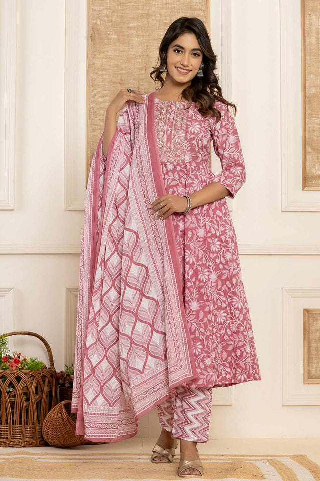 Mauve Floral Print Cotton Kurti Pant Set