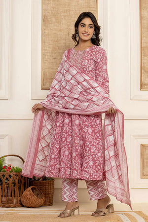 Mauve Floral Print Cotton Kurti Pant Set
