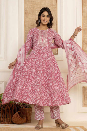 Mauve Floral Print Cotton Kurti Pant Set