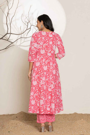 Pink Floral Print Sequins Work Pure Cotton Kurti Pant Set