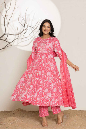 Pink Floral Print Sequins Work Pure Cotton Kurti Pant Set