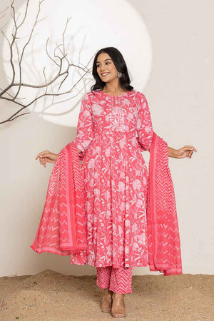 Pink Floral Print Sequins Work Pure Cotton Kurti Pant Set