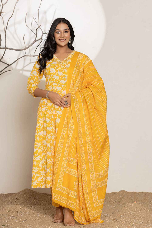 Yellow Floral Print Embroidered Pure Cotton Kurti Pant Set