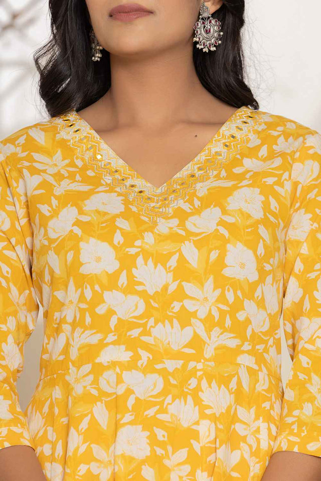Yellow Floral Print Embroidered Pure Cotton Kurti Pant Set