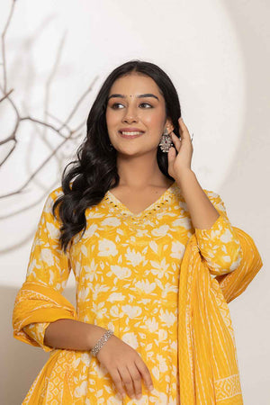 Yellow Floral Print Embroidered Pure Cotton Kurti Pant Set