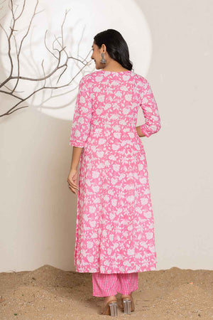 Pink Floral Print Embroidered Pure Cotton Kurti Pant Set