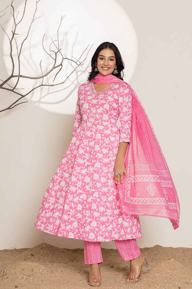 Pink Floral Print Embroidered Pure Cotton Kurti Pant Set
