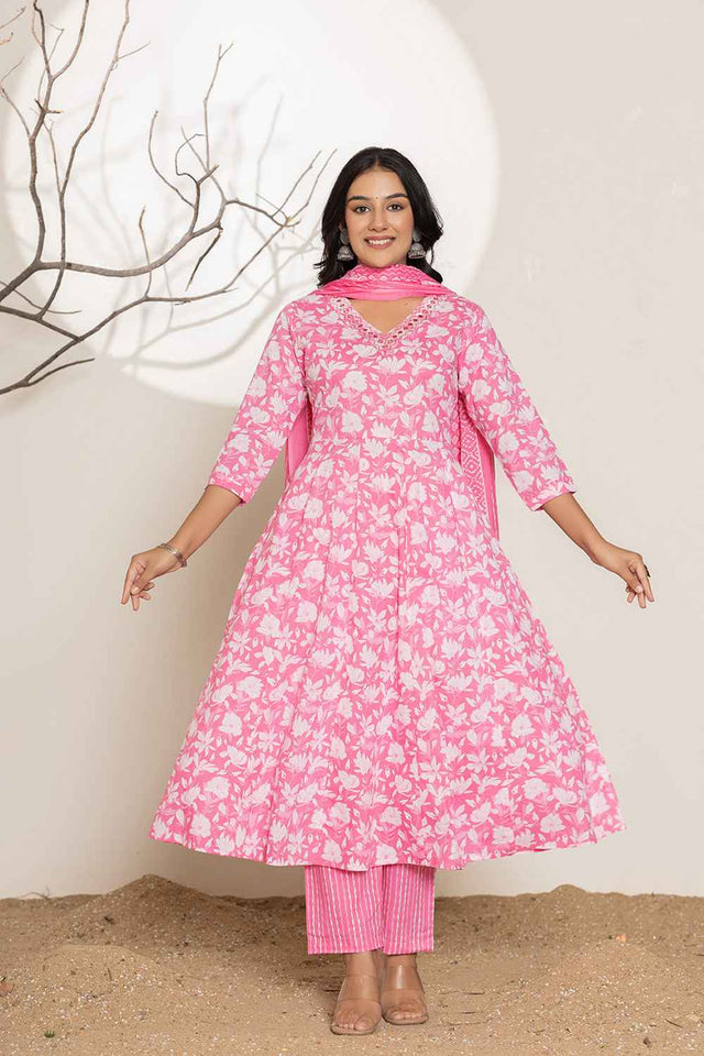 Pink Floral Print Embroidered Pure Cotton Kurti Pant Set