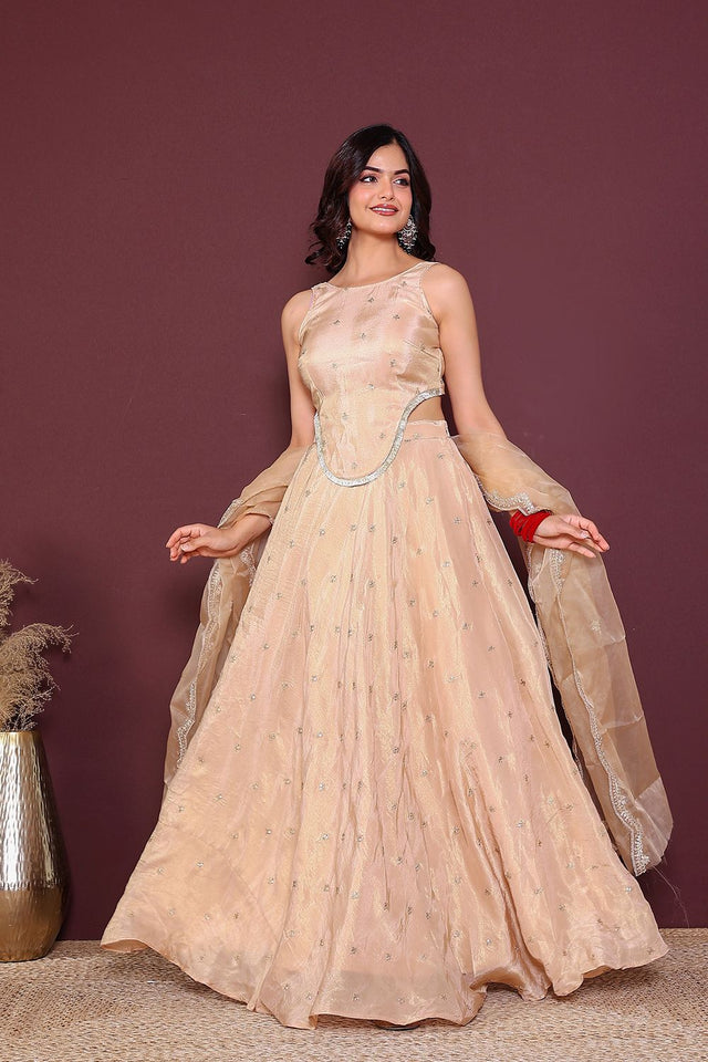 Beige Embroidered Tissue Lehenga (6Beigeshimmer)