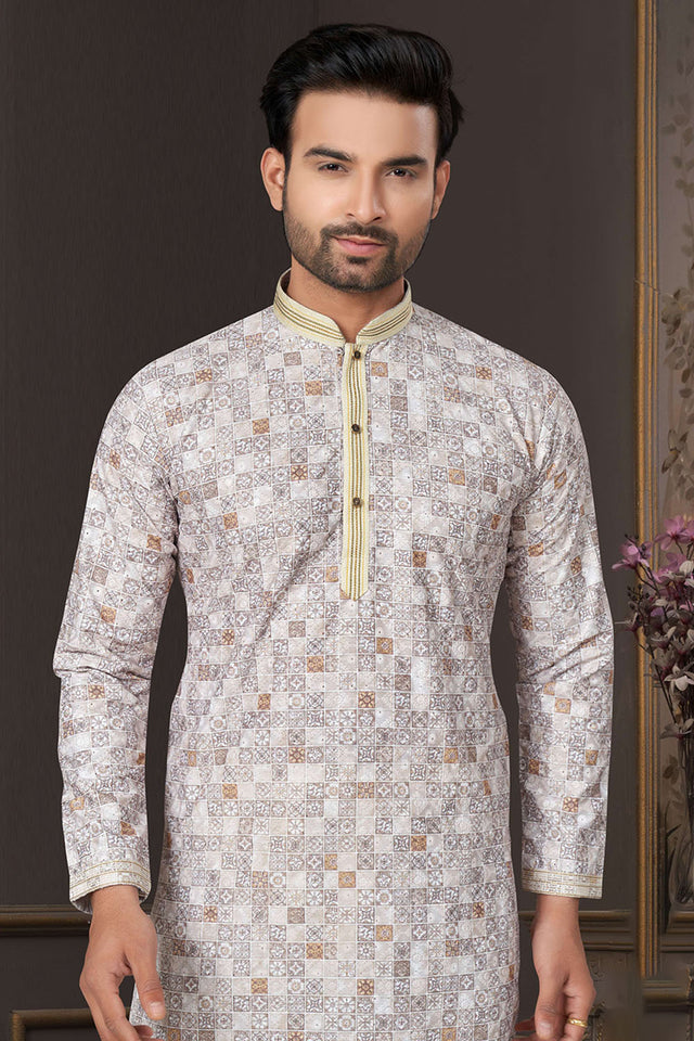 Brown Printed Cotton Kurta Pyjama Set