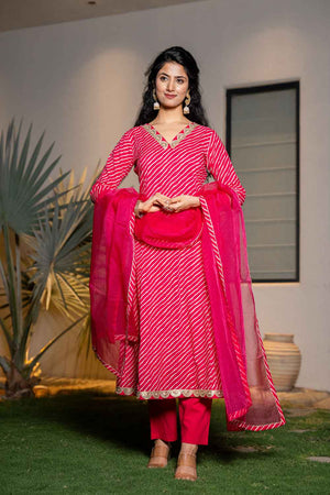 Pink Leheriya Lace Work Pure Cotton Kurti Pant Set