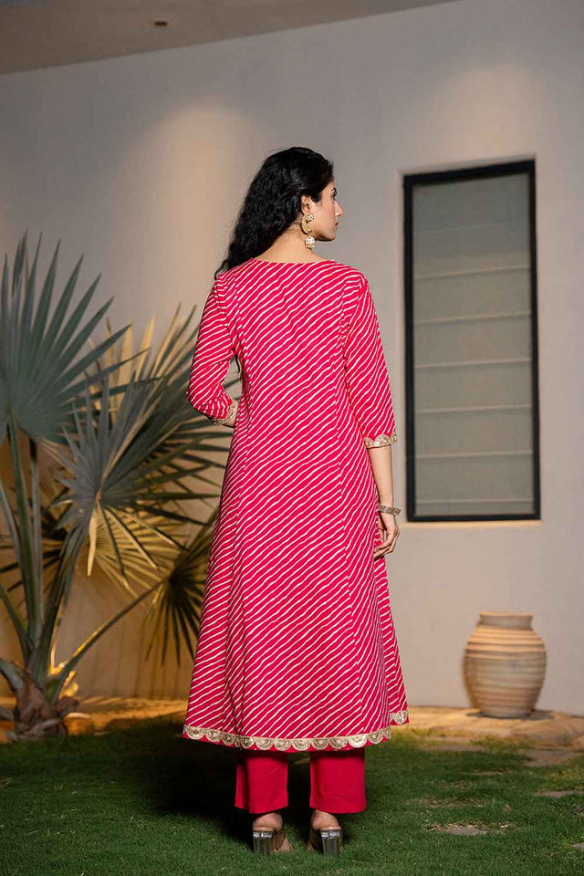 Pink Leheriya Lace Work Pure Cotton Kurti Pant Set