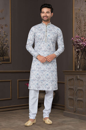 Grey Printed Cotton Kurta Pyjama Set