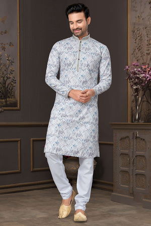 Grey Printed Cotton Kurta Pyjama Set