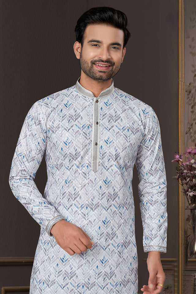 Grey Printed Cotton Kurta Pyjama Set