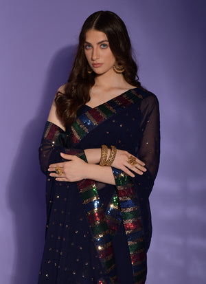 Blue Georgette Embroidered Saree (7002-A)