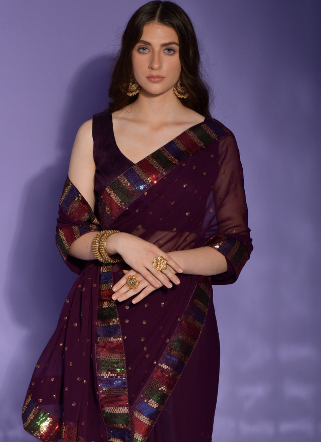 Maroon Georgette Embroidered Saree (7002-B)