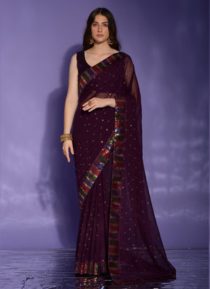 Maroon Georgette Embroidered Saree (7002-B)