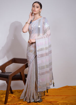 White Georgette Embroidered Saree (7003-B)