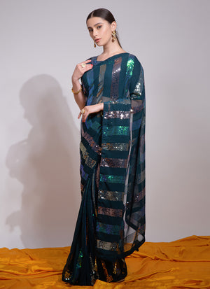Teal Georgette Embroidered Saree (7003-C)