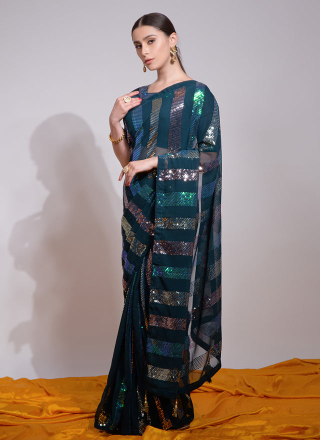 Teal Georgette Embroidered Saree (7003-C)