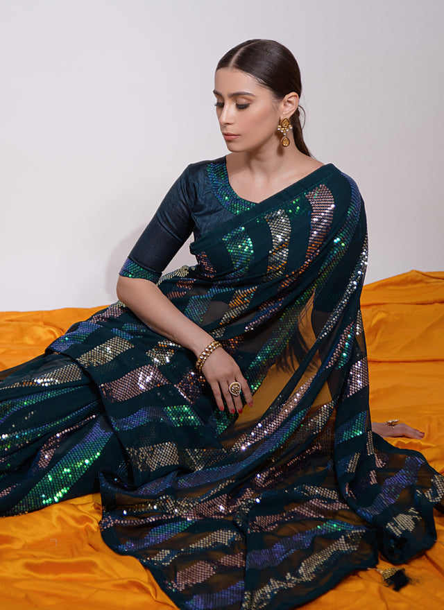 Teal Georgette Embroidered Saree (7003-C)