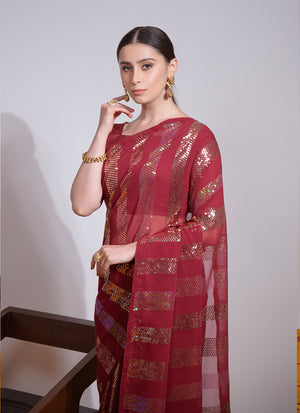 Red Georgette Embroidered Saree (7003-D)