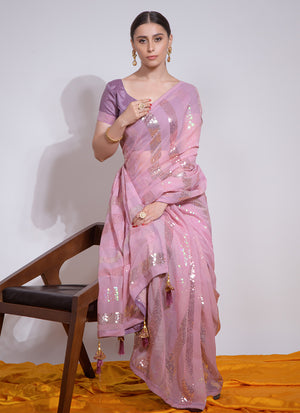 Light Pink Georgette Embroidered Saree (7003-E)
