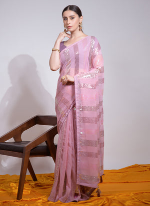 Light Pink Georgette Embroidered Saree (7003-E)