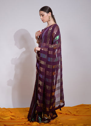 Wine Georgette Embroidered Saree (7003-F)