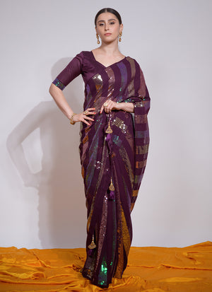 Wine Georgette Embroidered Saree (7003-F)