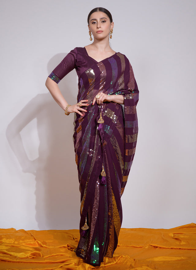 Wine Georgette Embroidered Saree (7003-F)