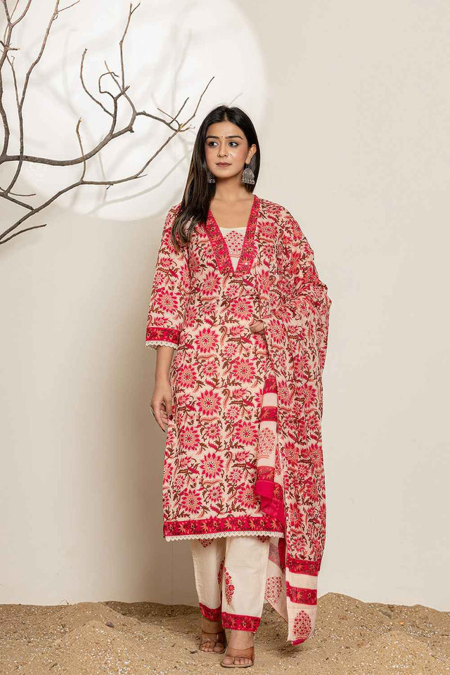Pink Floral Print Thread Work Pure Cotton Kurti Pant Set